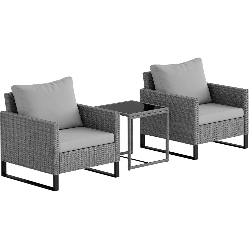 3 Pieces Patio Furniture Set, Wicker Conversation Bistro Set with 4 Soft Cushions, Rattan Chairs and Glass Coffee Table