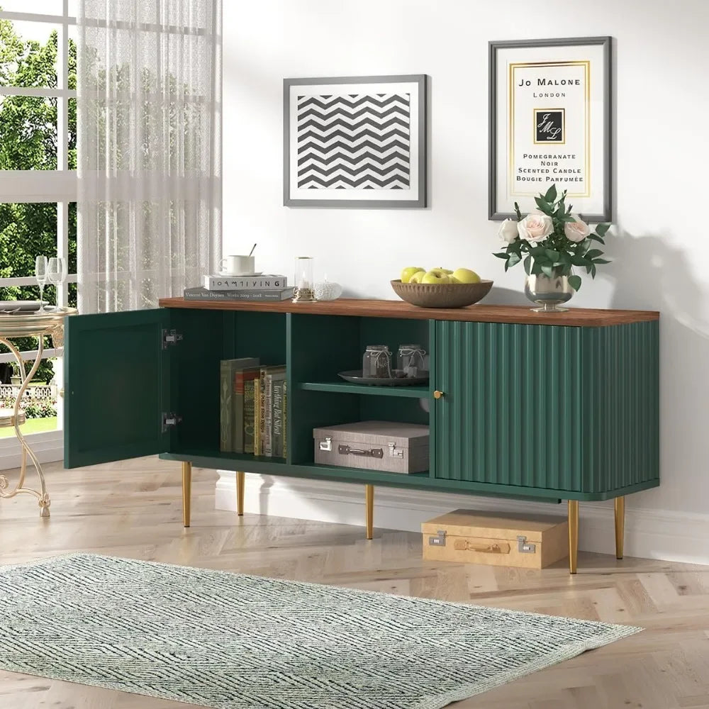 55” Fluted TV Stand, Mid Century Modern Green TV Stand for 55/60/65 inch TV, Entertainment Center with Storage,