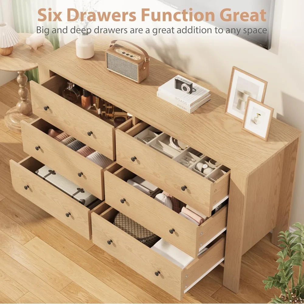 Natural Oak 6 Drawer Dresser for Bedroom, Modern Wide Dresser Organizer with Storage Drawers, Wooden Chests of Drawer