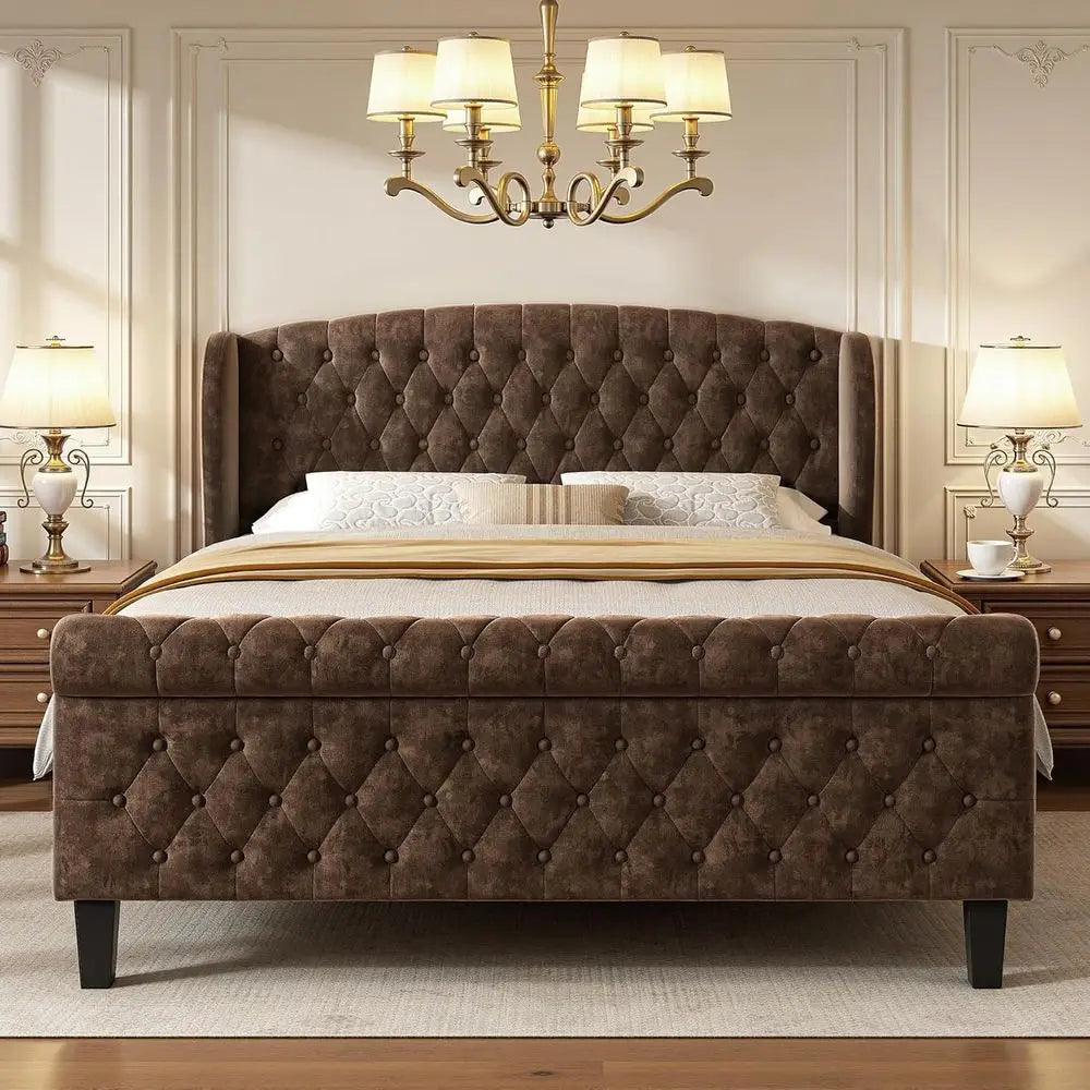 Queen Size Sleigh Bed Frame – Chenille Upholstered with Wingback Headboard & Button-Tufted Scroll Footboard