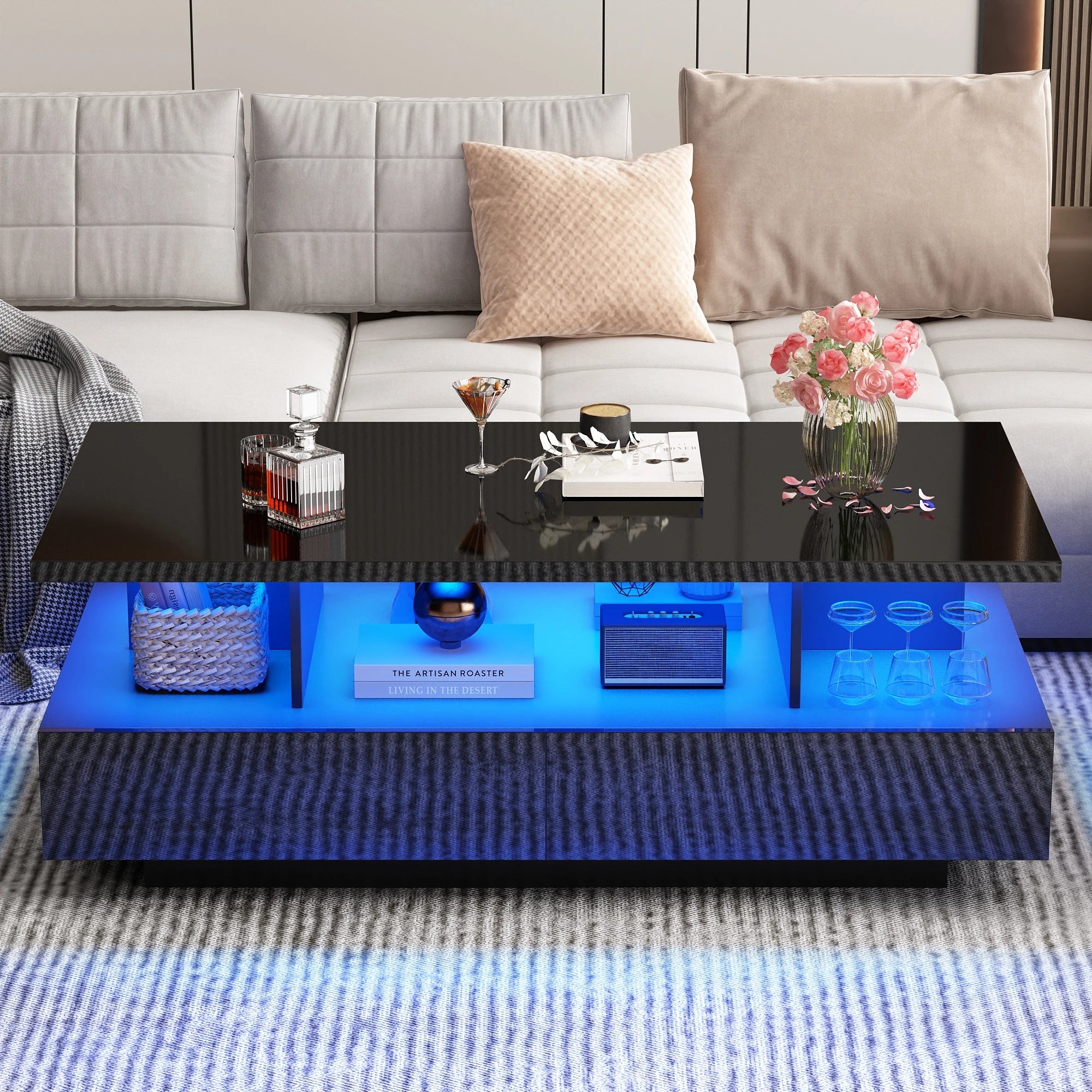 43” LED Coffee Table – Modern High-Gloss Rectangular Center Table with 2 Drawers & Display Shelf