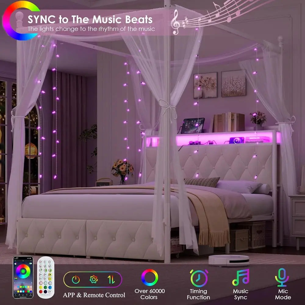 Queen Size Upholstered LED Canopy Bed Frame with Storage & Charging Station
