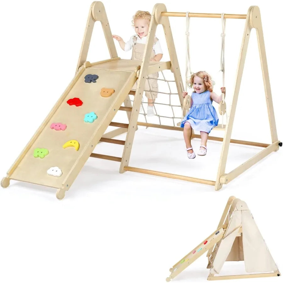 7-in-1 Foldable Indoor & Outdoor Jungle Gym – Wooden Climbing Set with Adjustable Swing