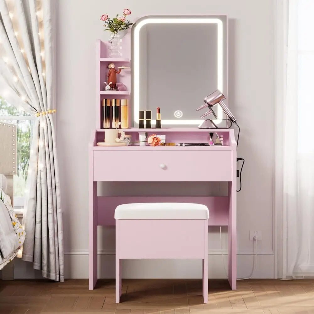 LIKIMIO Small Makeup Vanity Desk with Mirror and Lights, Vanity Table Set with Storage Drawer, Chair and Three Shelves, Bedroom