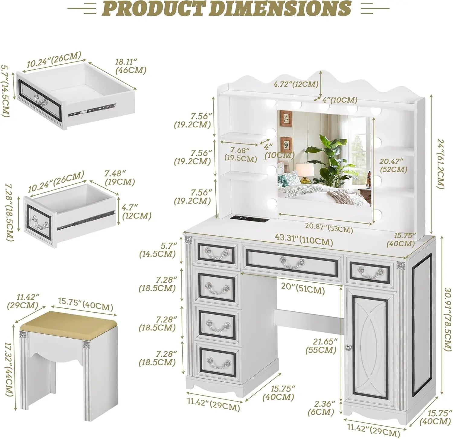 Makeup Vanity Desk with Mirror, Lights & Charging Station, 6 Drawers, White Bedroom Dressing Table