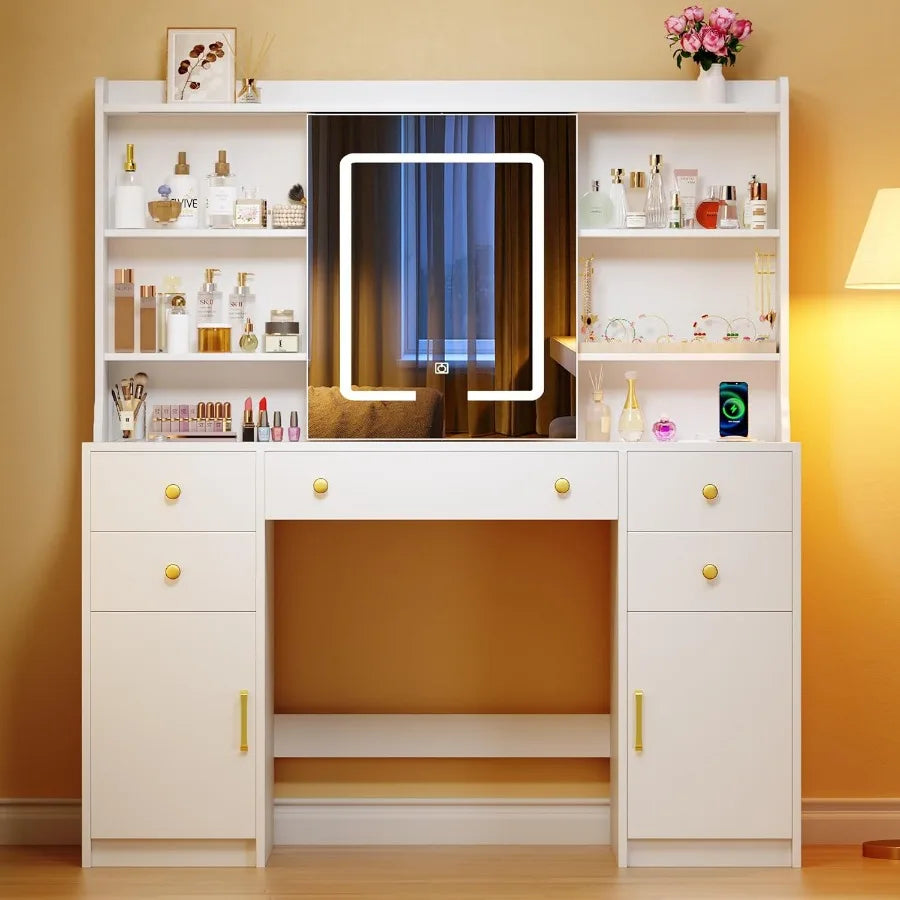 White Vanity Desk with LED Lights and Sliding Mirror for Bedroom 5 Drawers 2 Cabinets 6 Shelves Power Outlet Modern Makeup Desk