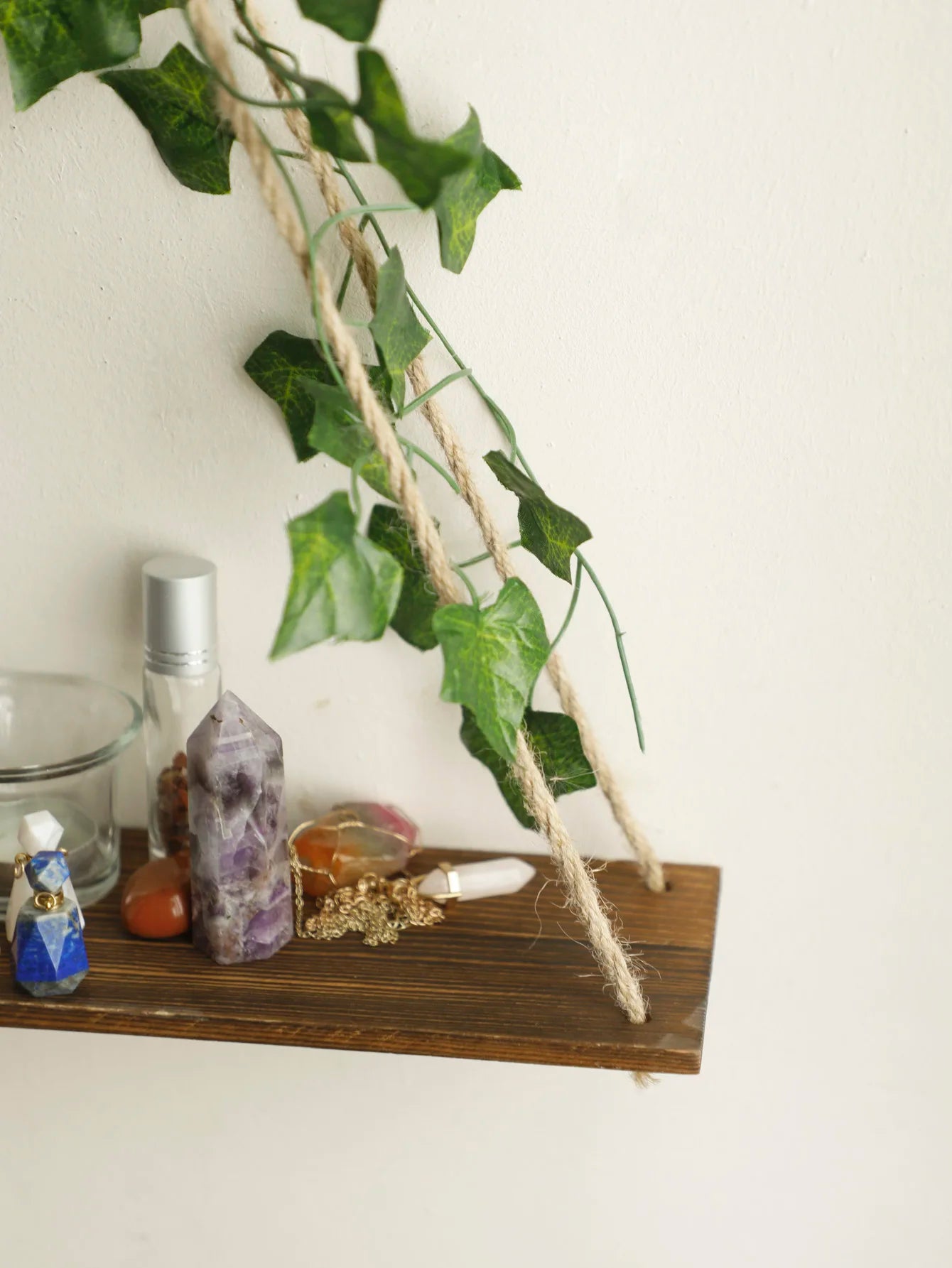 Floating Wall Shelf with Artificial Ivy LED Strip – Boho Style