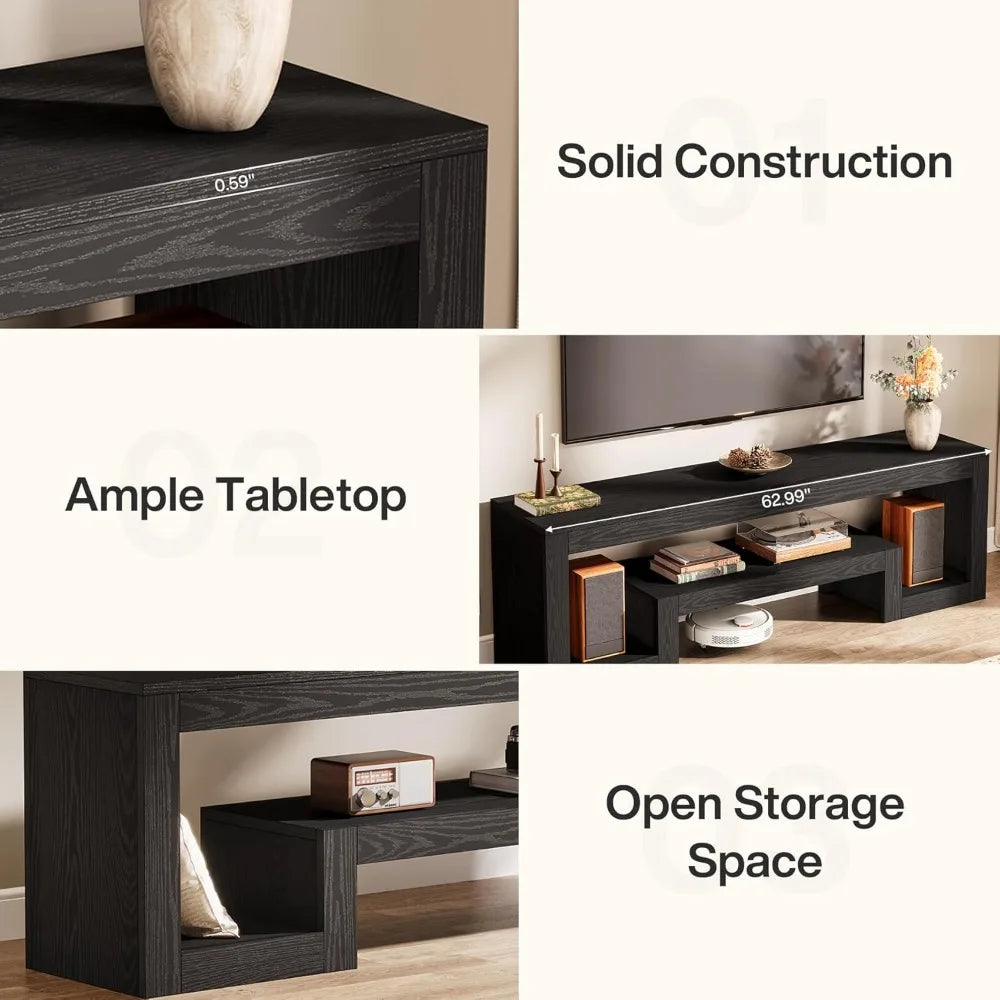 63-Inch TV Stand for 55/60/65/75-Inch TVs, Farmhouse Entertainment Center with Open Storage Shelves, Rustic Brown Television Co