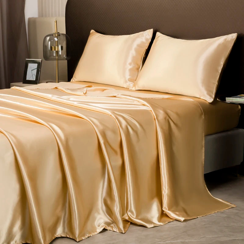Opulent Solid Color Satin Bedding Set,Includes Flat Sheet, Fitted Sheet, Pillowcases,Luxury Linens for a Royal Sleep Experience