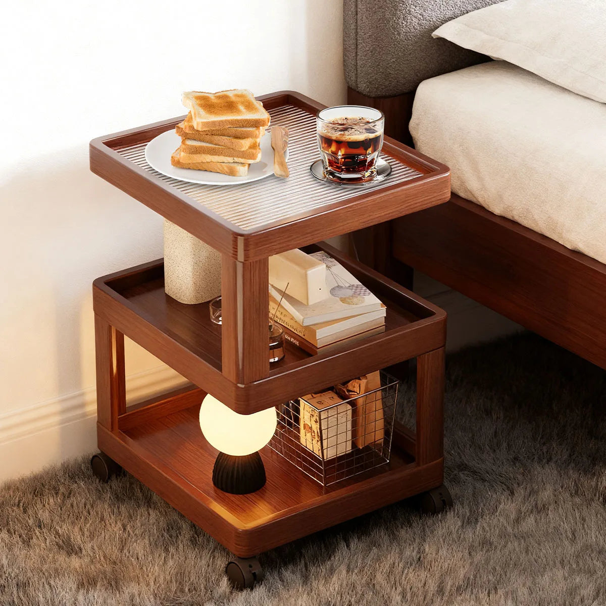 Geometric 3-Tier Bamboo Storage Side Table with Acrylic Surface & Wheels, Tea Brown Living Bedroom Furniture