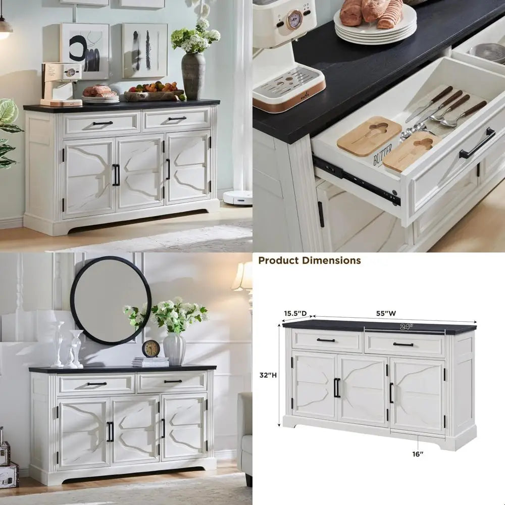 Large 55 Buffet Sideboard Cabinet with 3 Doors and 2 Drawers - Dining Room Storage for Wine and Coffee Bars