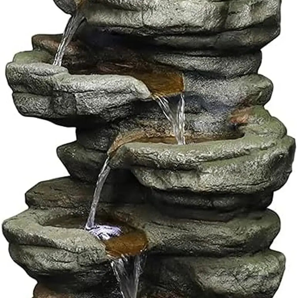 6-Tier Rock Waterfall Fountain with LED Lights, 30.7 Outdoor Home Garden Decor