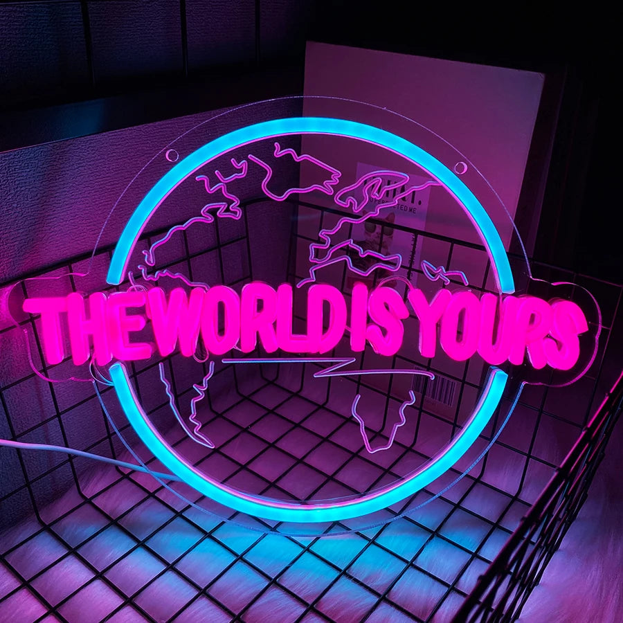 The World Is Yours Led Neon Sign, Earth-Shaped Sign 3D Sculpture, Used For Bedroom, Club And Game Room Decor, Powered By Usb.