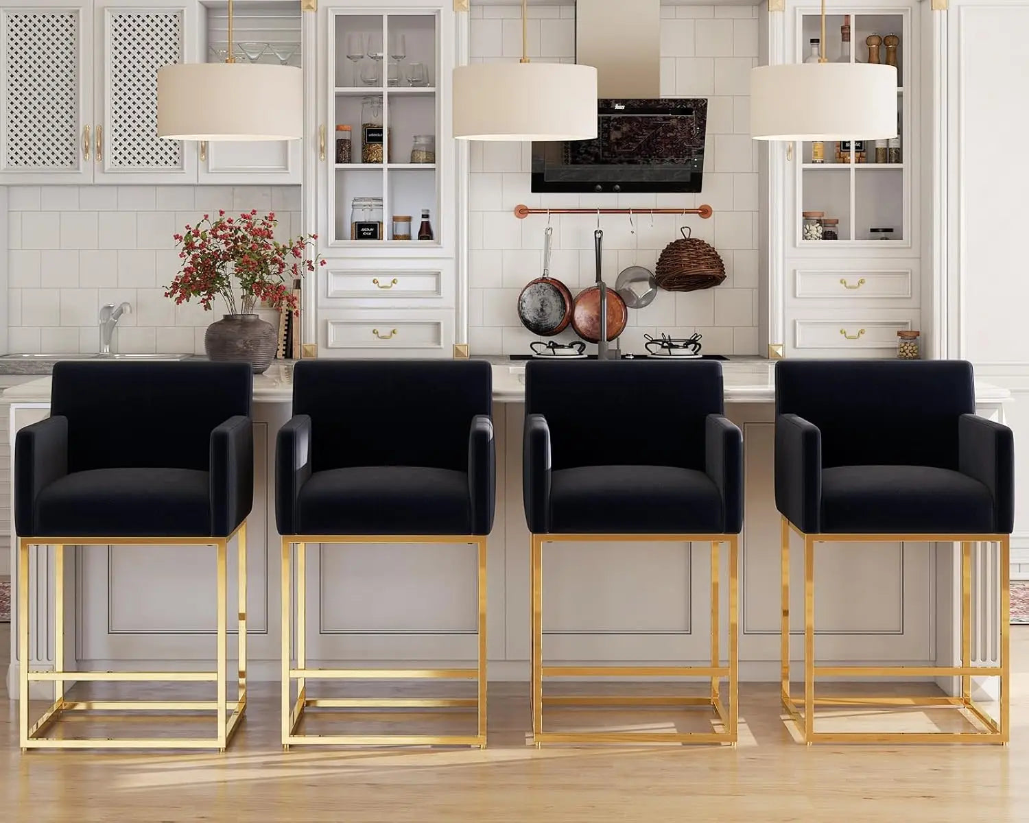 Modern Velvet Counter-Height Bar Stools – Gold Metal Frame with Back (Set of 2, Black)