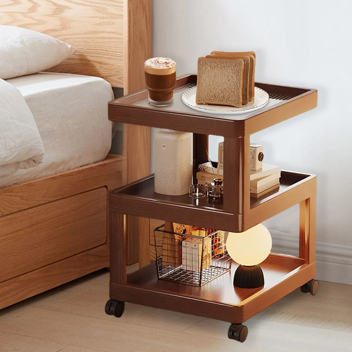 Geometric 3-Tier Bamboo Storage Side Table with Acrylic Surface & Wheels, Tea Brown Living Bedroom Furniture