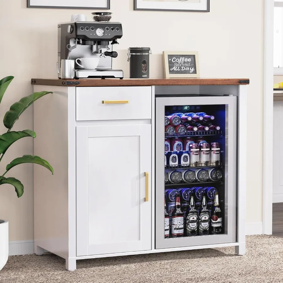 Compact Coffee Bar Cabinet with Mini Fridge Stand – 39.4″ Wide Tabletop