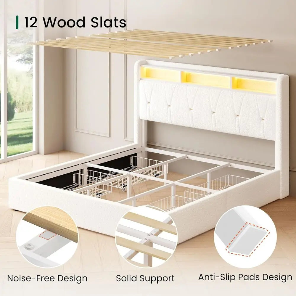 King Size Upholstered Bed Frame with 4 Storage Drawers – Bouclé Headboard, LED Lights & Charging Station