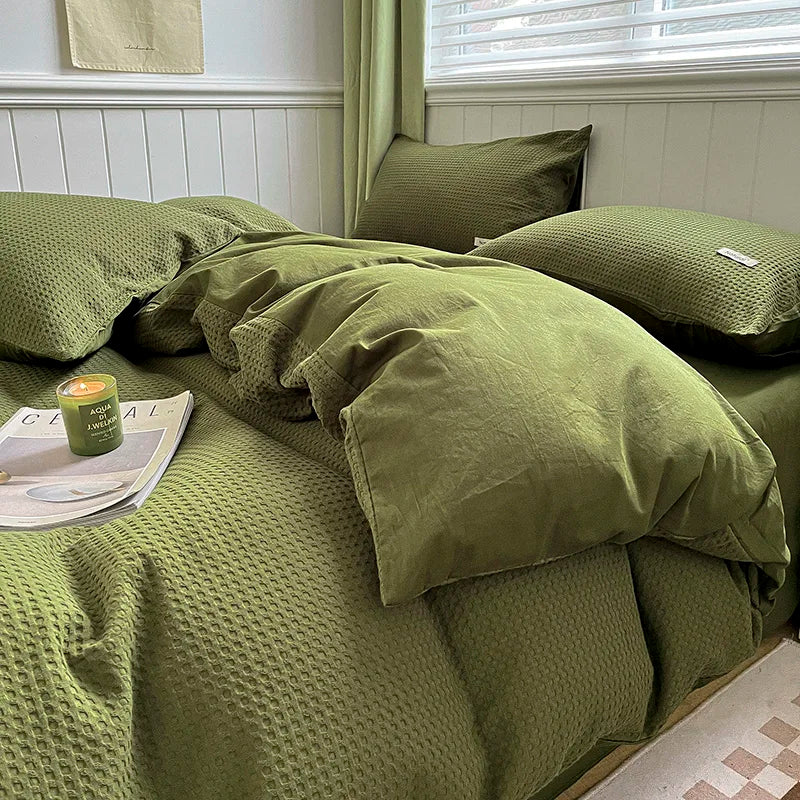 Simple Waffle Jacquard 100% Cotton Bedding Set Soft Comfortable Queen Duvet Cover Set with Sheets Quilt Cover and Pillowcases