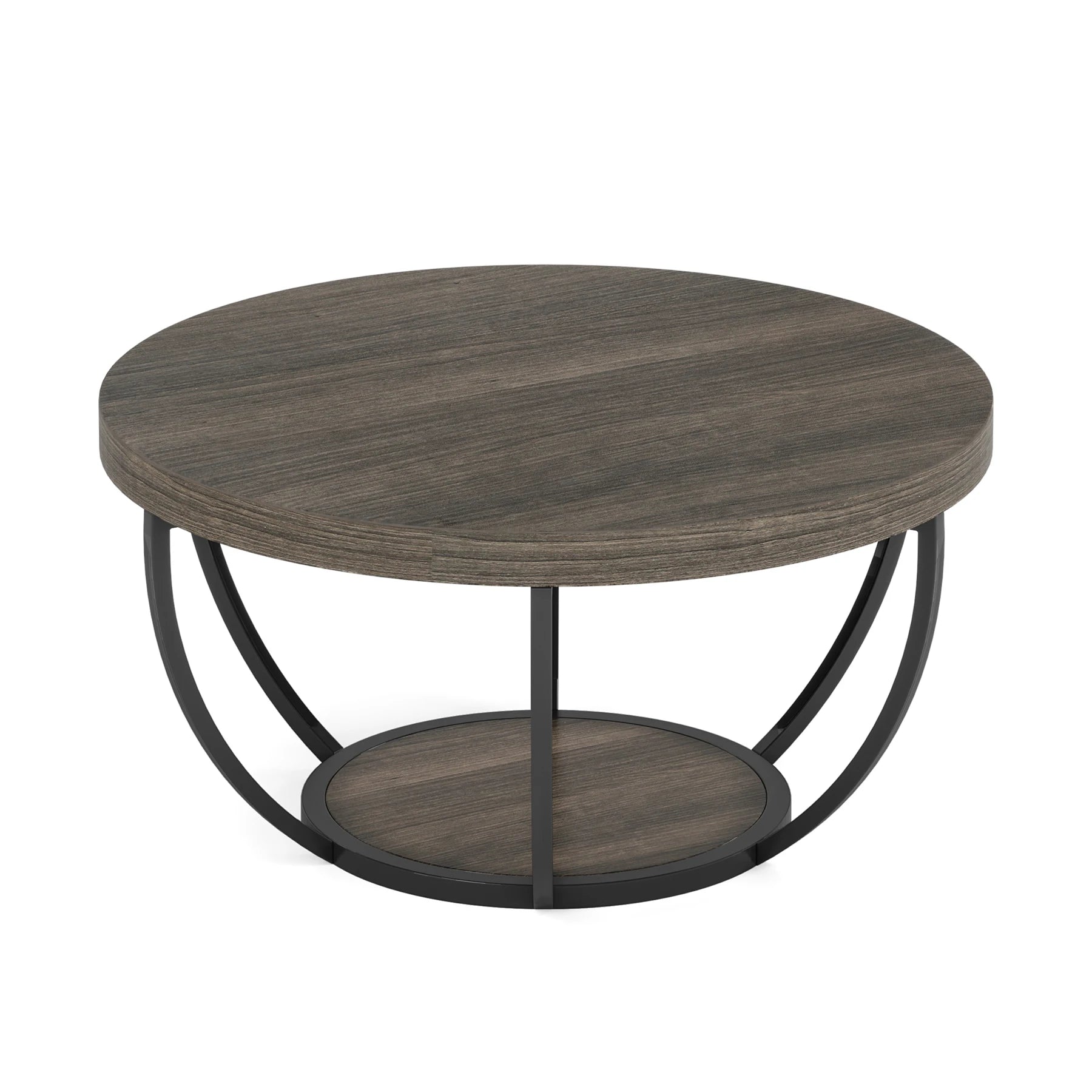 31.7” Round Industrial Coffee Table – 2-Tier Circle Table with Storage Shelves