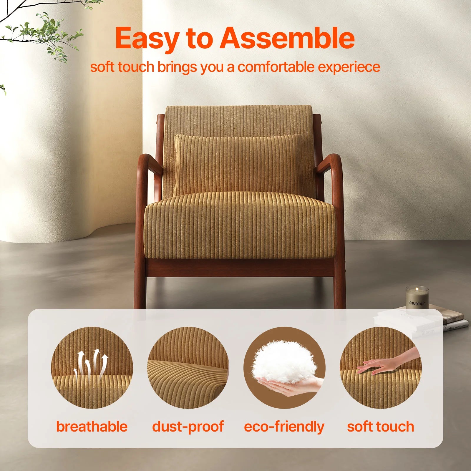 Mid-Century Modern Accent Chair – Fabric Reading Chair with Solid Wood Frame