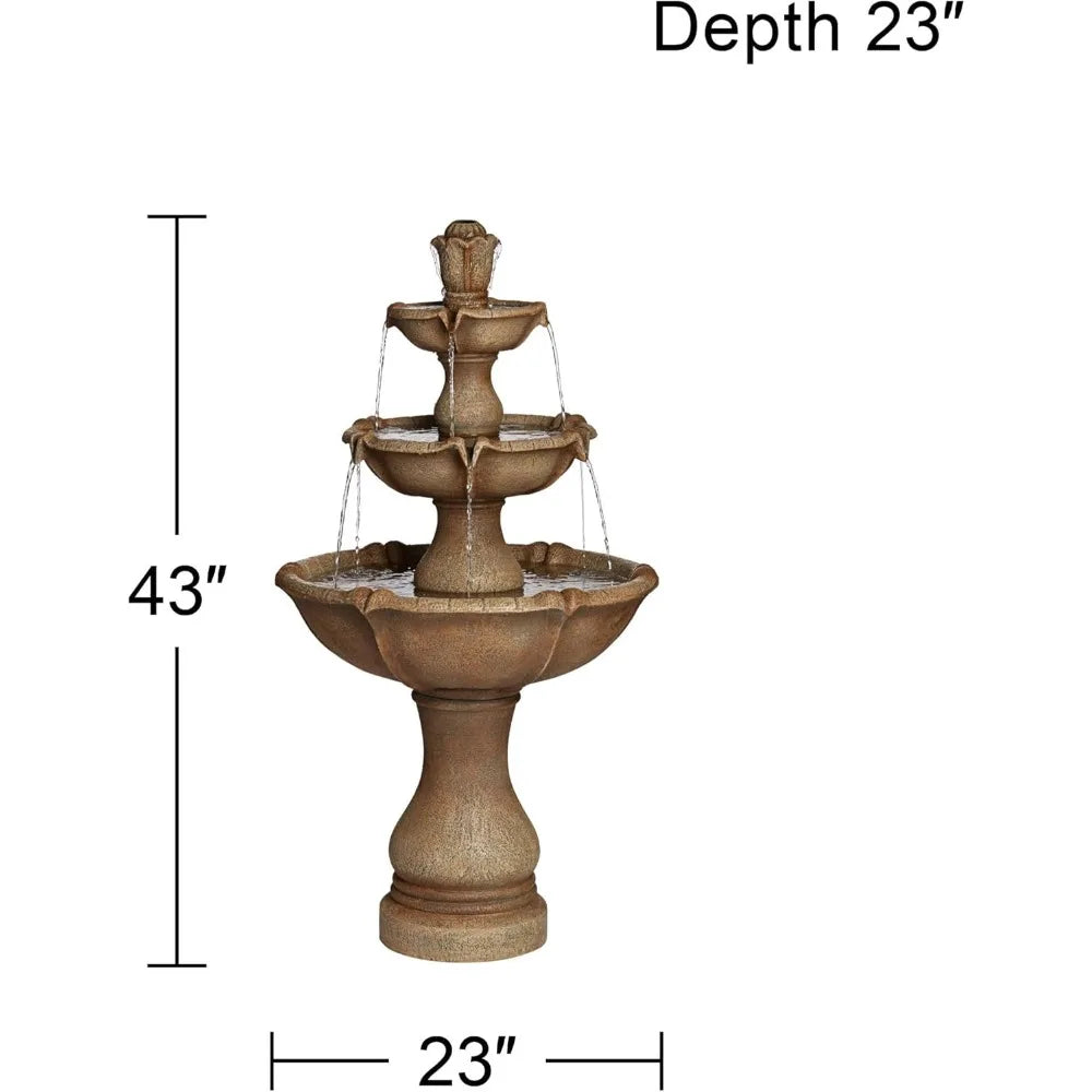 Arosco Modern Rustic Outdoor Floor Water Fountain with Light LED 43" High 3-Tiered Resin for Garden Patio Yard Deck Home Lawn Po