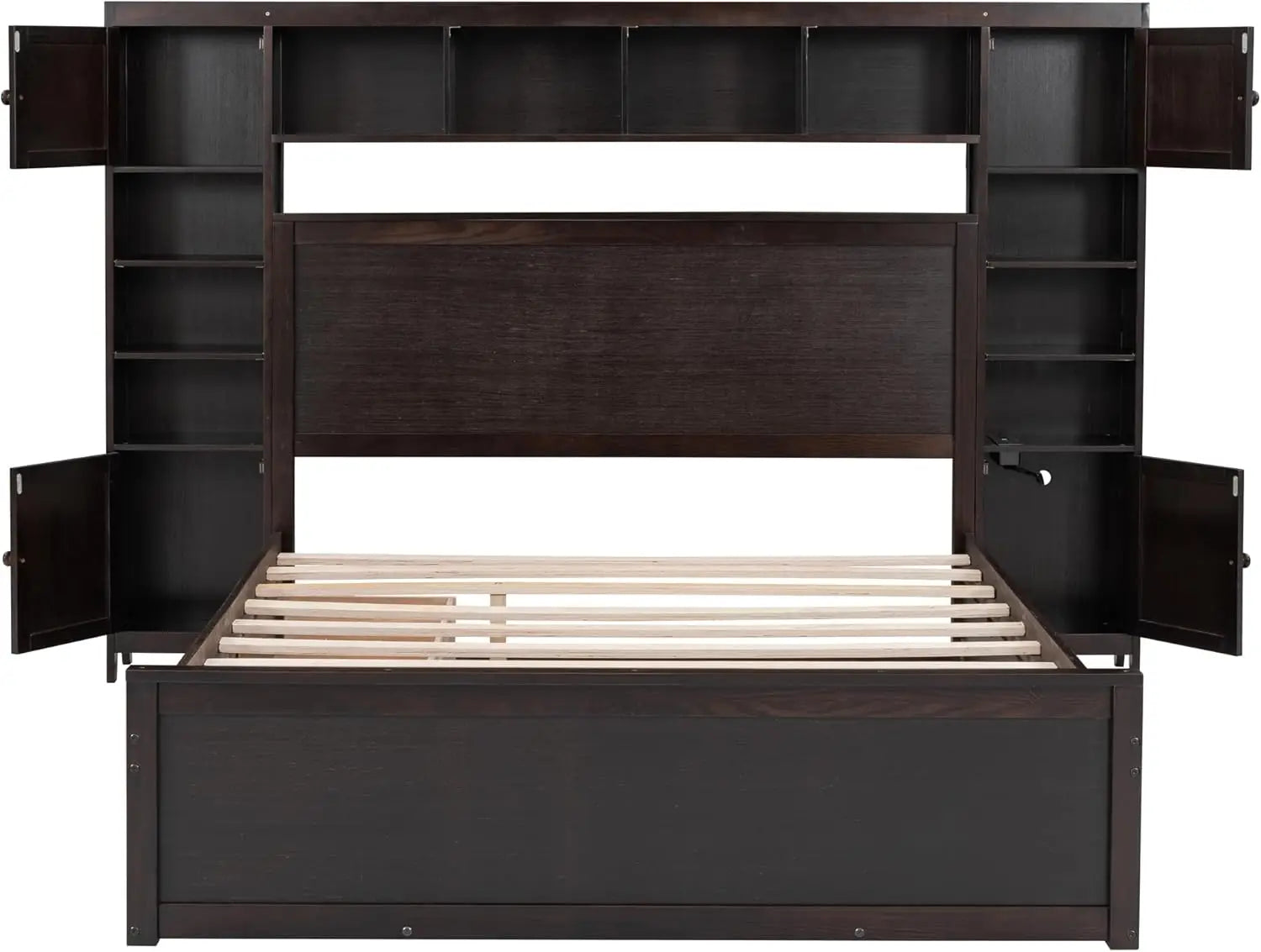 Solid Wood Storage Bed with Bookcase Headboard – Platform Bed with Trundle & 2 Drawers