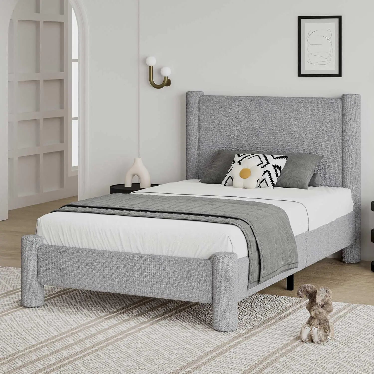 Twin Size Bouclé Upholstered Platform Bed Frame with Headboard & Footboard – Soft Rounded Corners