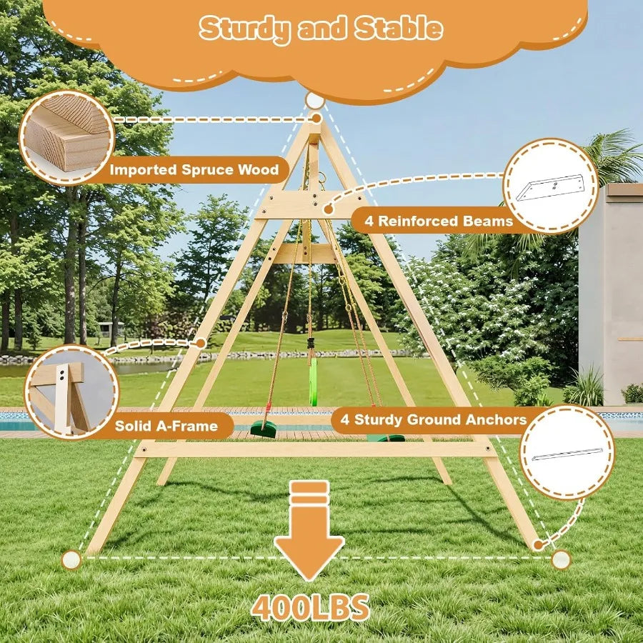 All-Spruce Wooden Swing Set – Backyard Playground with 2 Belt Swings & Trapeze