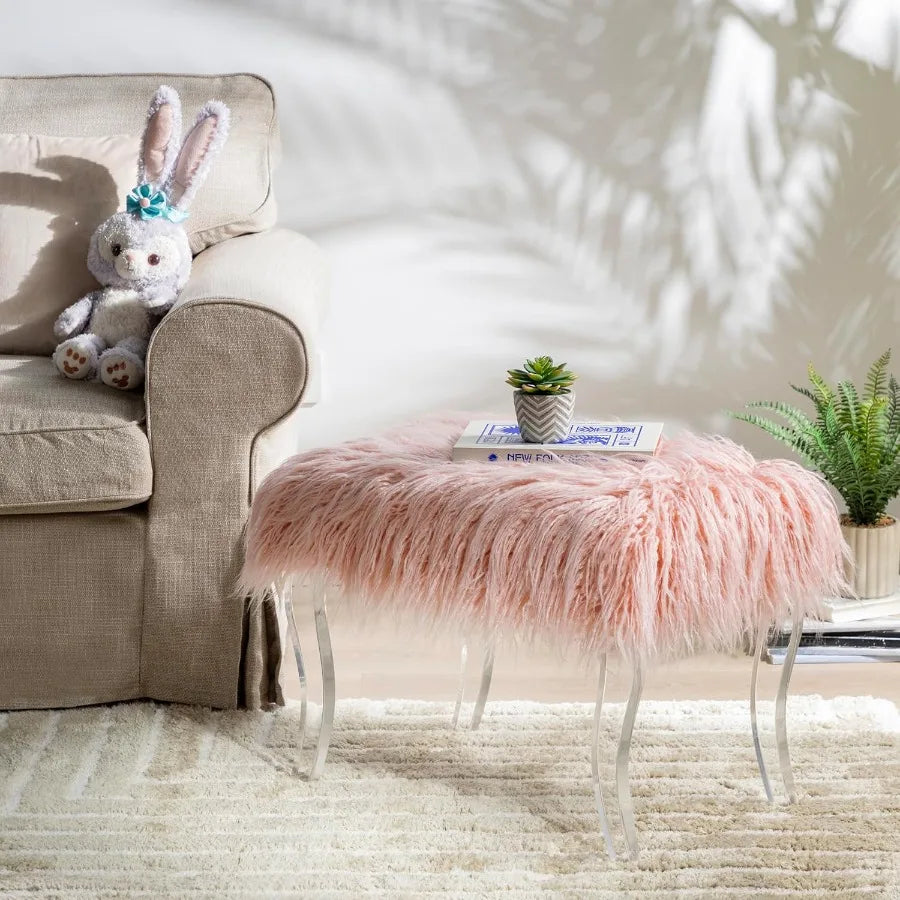 Pink Faux Fur Ottoman Bench – Modern Footrest with Acrylic Legs