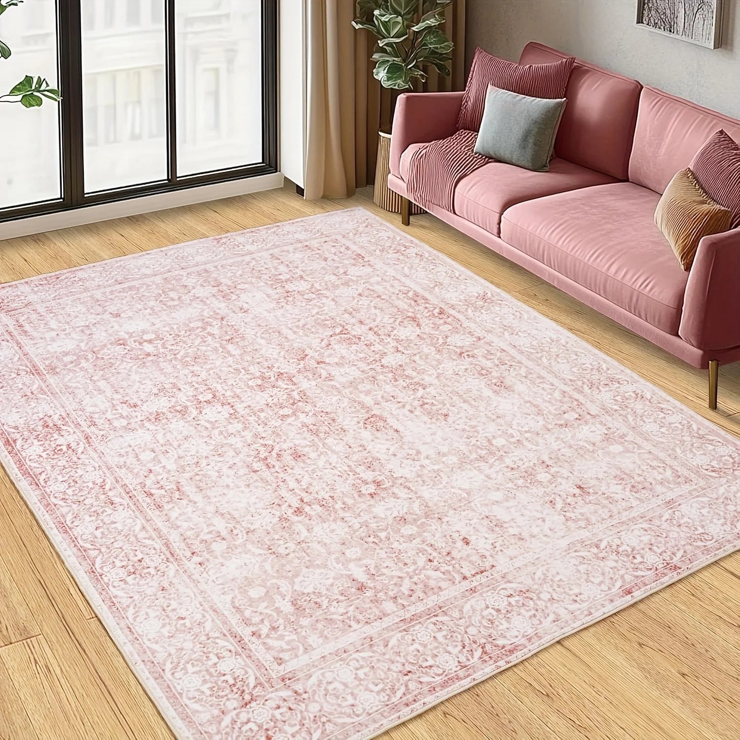 Gnizama pink floral full wall living room large area rug, washable vintage floral living room rug, bedroom large area rug