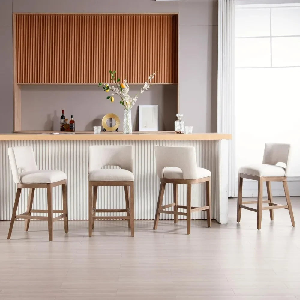 Farmhouse Counter-Height Bar Stools – Linen Upholstered with Open Back (Set of 4, Beige)