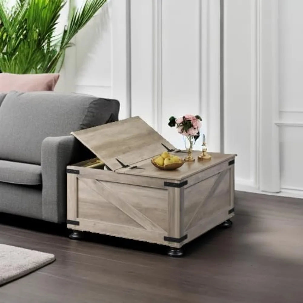31.5” Farmhouse Square Coffee Table – Wood Center Table with Flip-Top Lids & Hidden Storage
