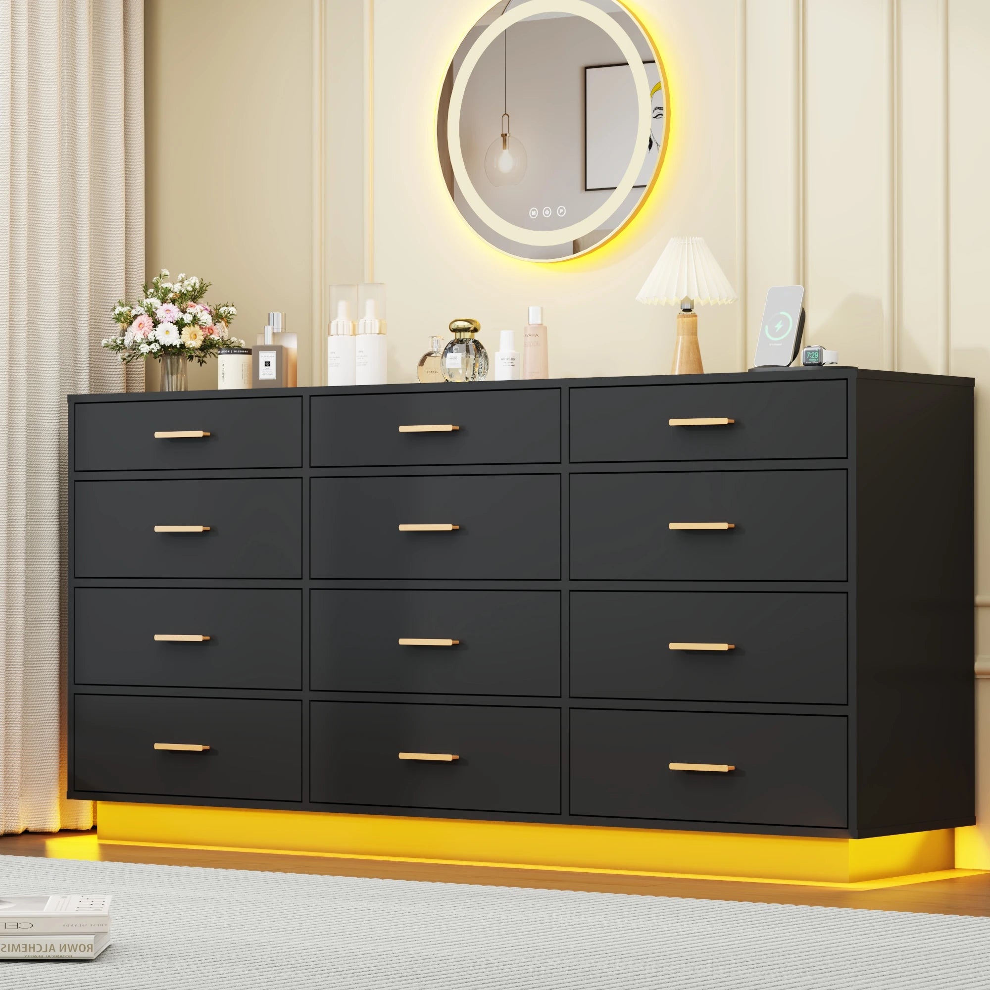 63'' Modern Chest of Drawers with Power Outlets & LED Lights, 12 Drawer Dresser for Bedroom, Wood Dresser for Living Room