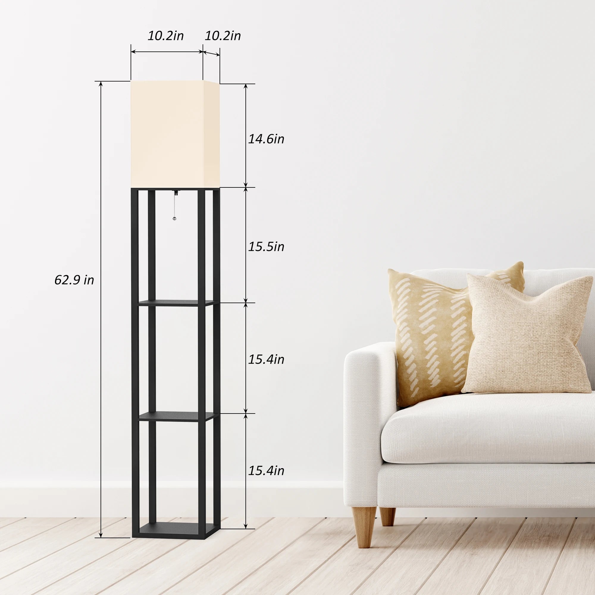 Column Floor Lamp with Shelves, Real Solid Wood and Bulb Included