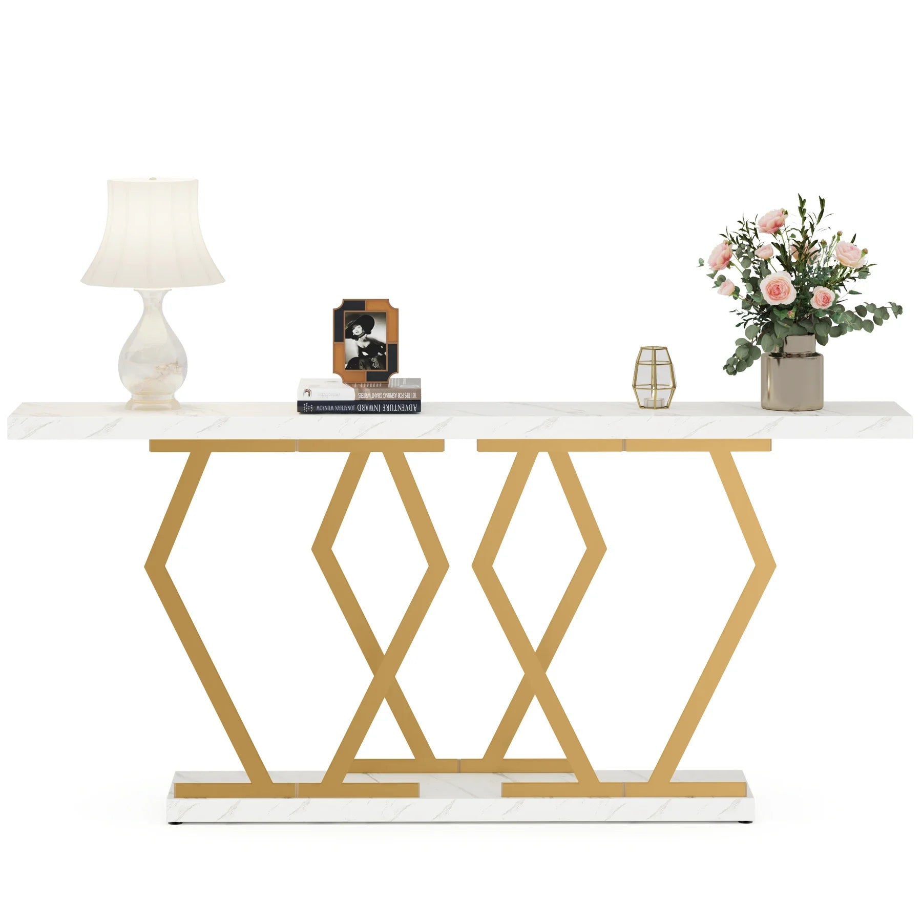 70.9 Inch Extra Long Sofa Table， White and Gold Console Table with Faux Marble Tabletop, Modern Long Entryway Table
