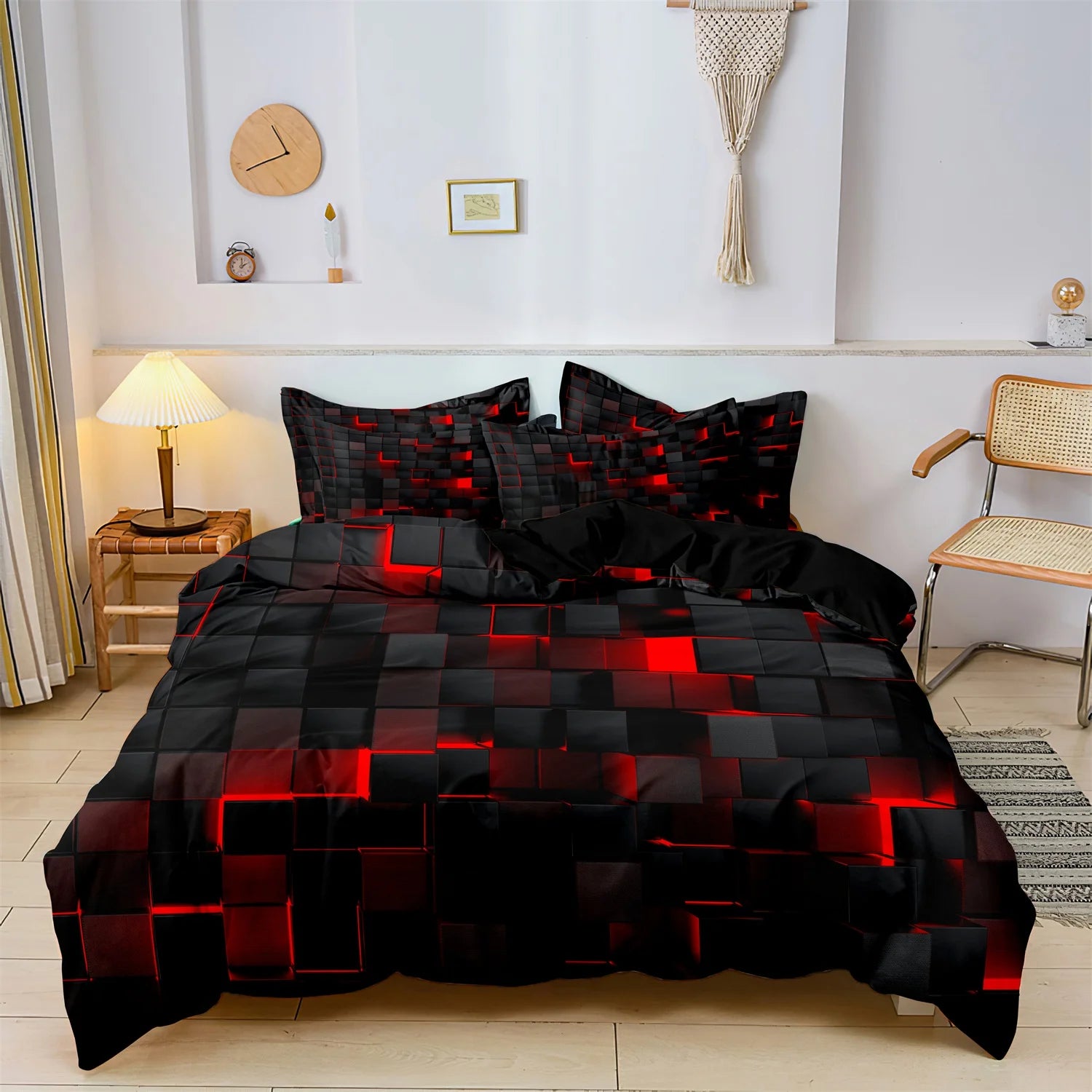3pcs 3D Digital Print Energy Block Geometric Cube Modern Grid Plaid Checked Bedding Set  Includes 1*Duvet Cover & 2*Pillowcases