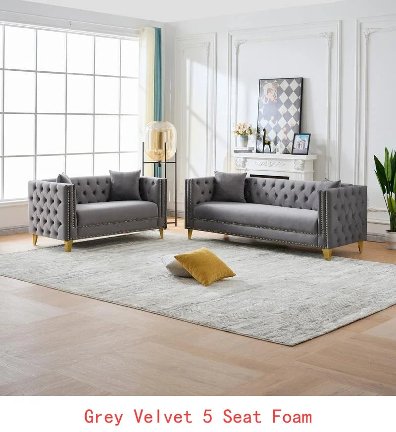 Modern Velvet 3-Seater Sofa with Deep Seat, Button Nailhead Design, Square Arm Couch for Living Room, Bedroom, Office, Beige