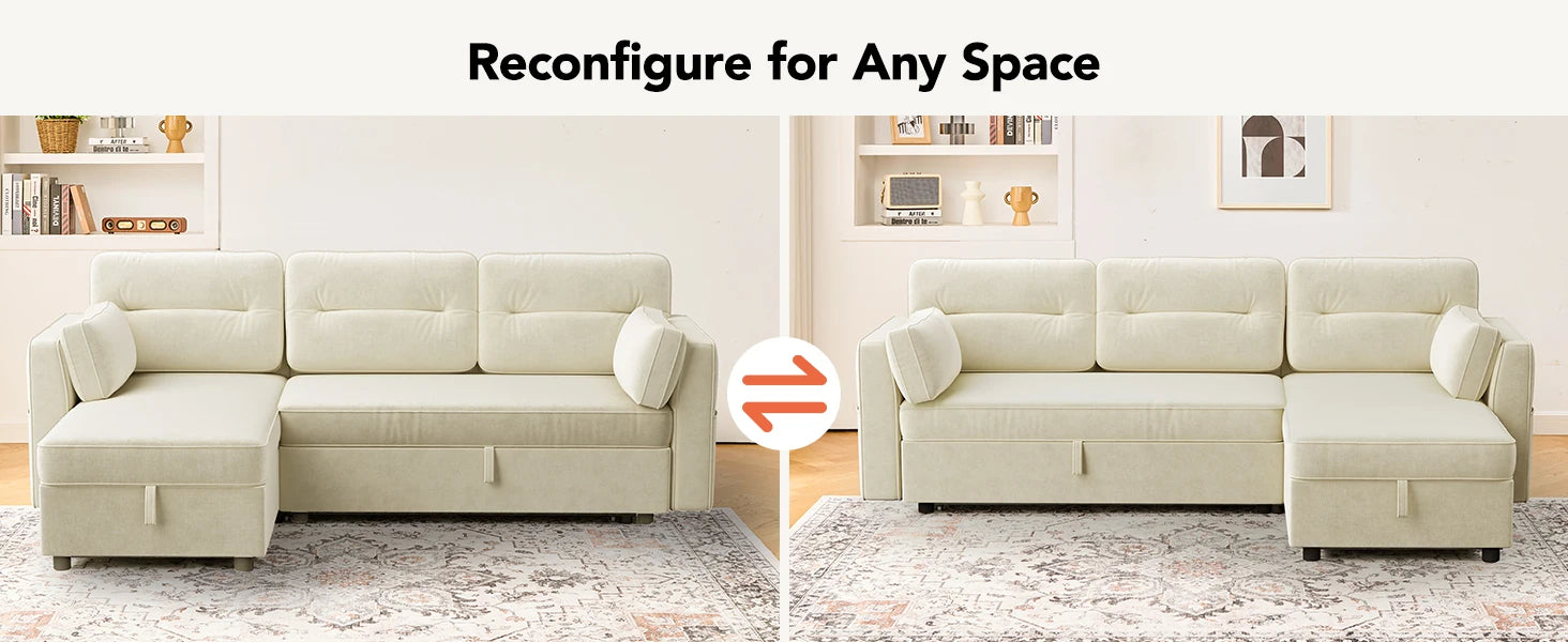 Sectional Sofa Bed with Reversible Storage Chaise, Pull Out Couch Bed Convertible Cloud Chenille Couch with USB Charging & Side