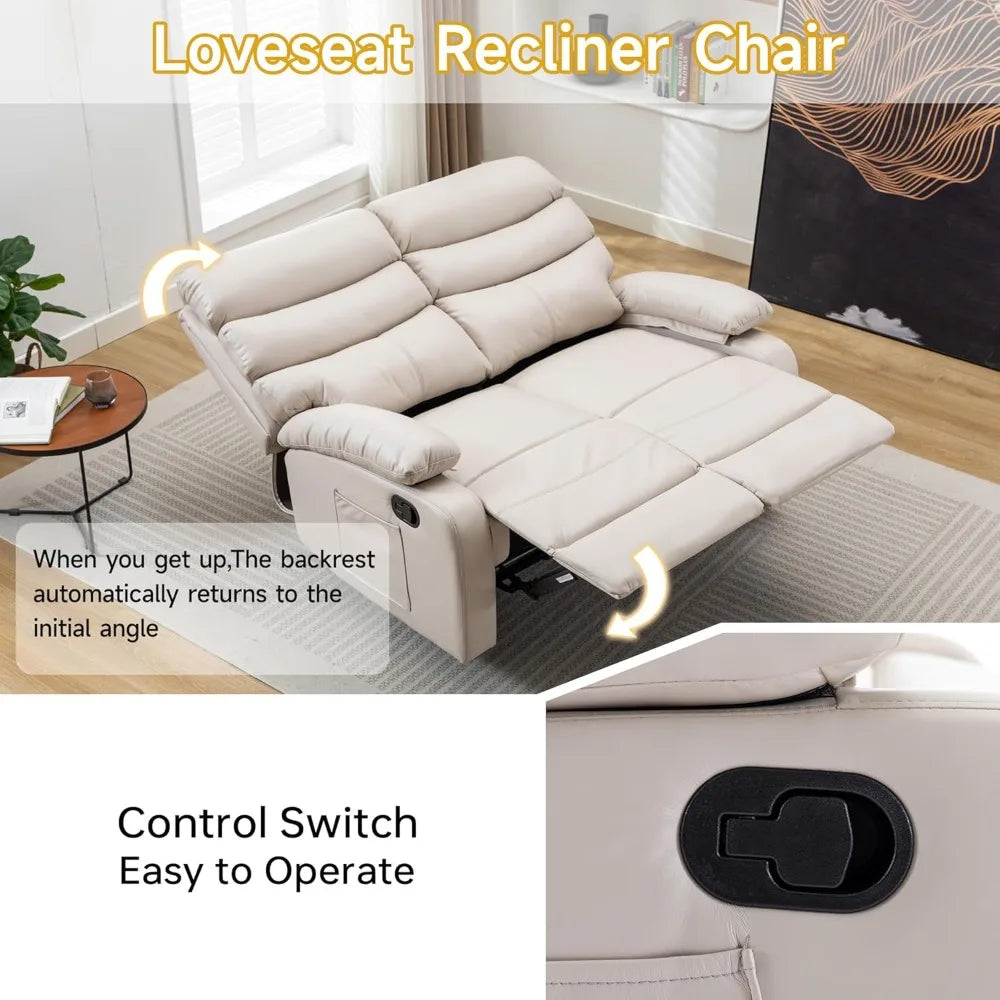 Reclining loveseat, leather double recliner sofa with side pocket, wall hugger loveseat recliner for living room, rv, home theat