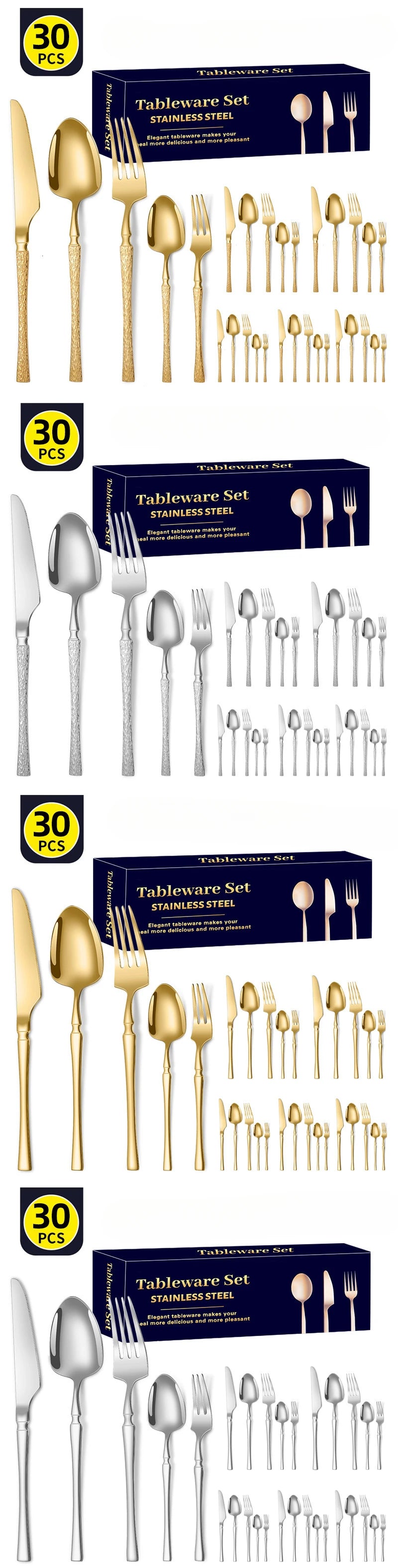 30pcs Hammer Pattern Small Waist Stainless Steel Steak Knife Fork and Spoon Creative Western Style Fork and Spoon Tableware Set