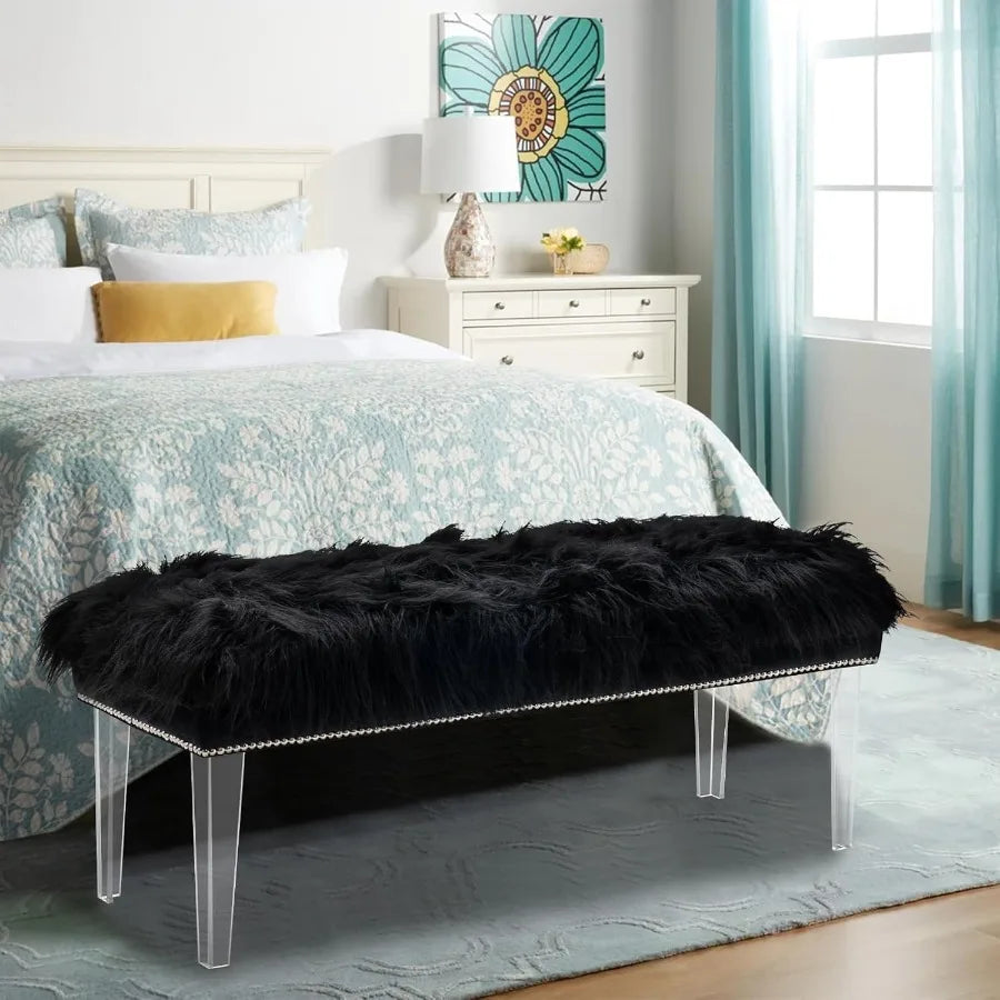 Black Upholstered Bedroom Bench – 46″ White Faux Fur Tufted Bench