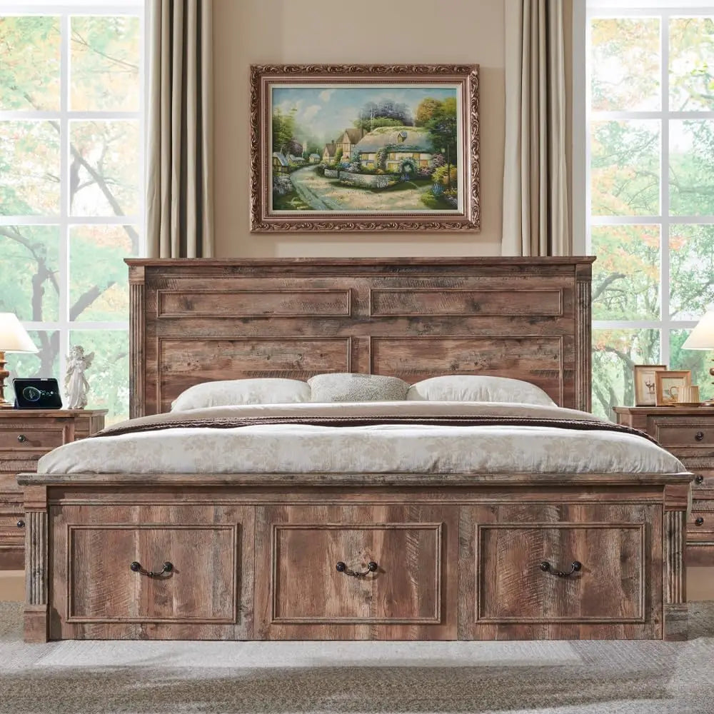 Farmhouse King Size Wood Bed Frame – 51″ Tall Headboard with Roman Column Footboard