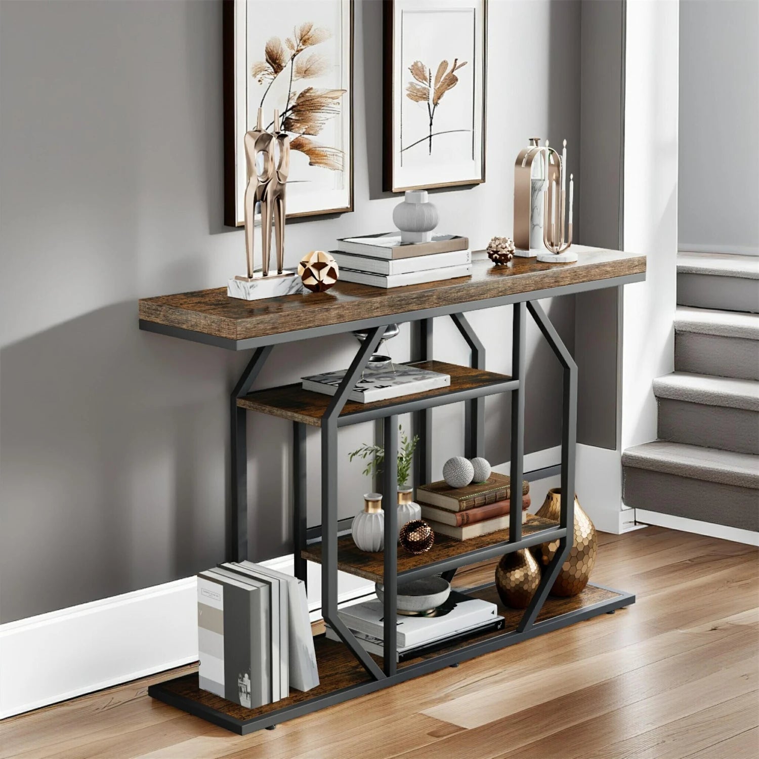 120cm Long Sofa Console Table for Entryway Living Room Sofa Storage Table with 4-tier Shelves Metal Frame