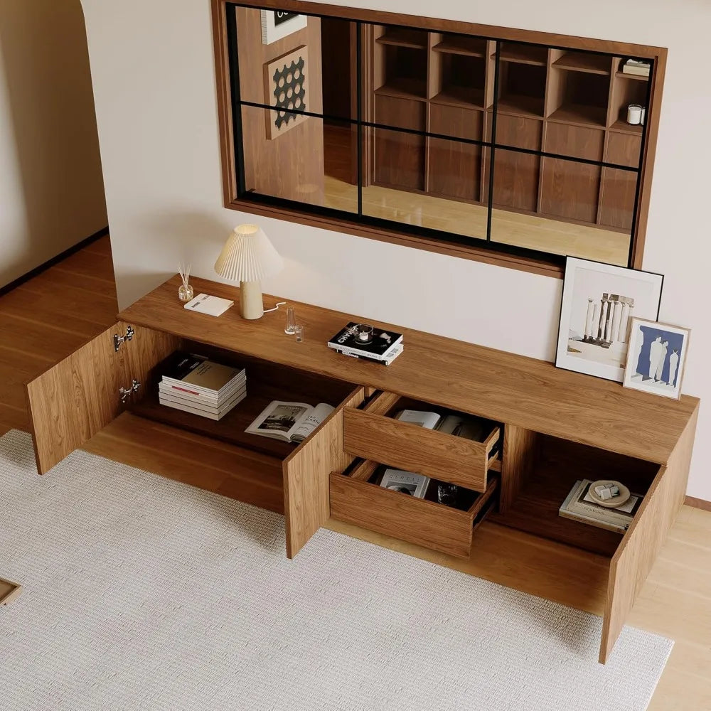 Mid-Century Modern TV Stand, 79" Fluted Door Entertainment Center with Storage, Brown Wood TV Console, Farmhouse Media Console