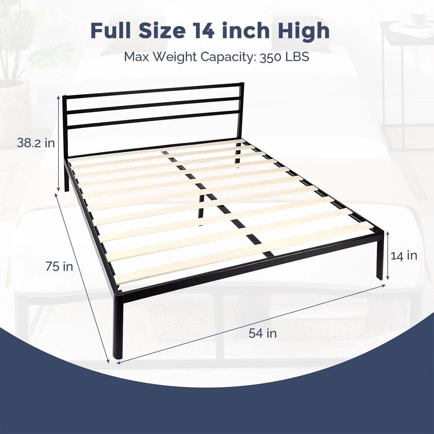 Full Size Metal Platform Bed Frame with Headboard – Noise-Free Wooden Slats & Non-Slip Foundation