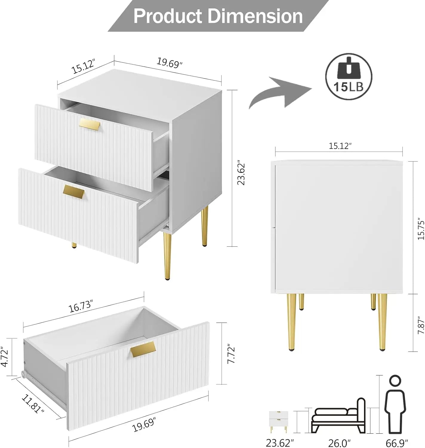 Nightstand with Drawers, Large Fluted Night Stand, End Table for Living Room, Mid Century Modern Bedside Table