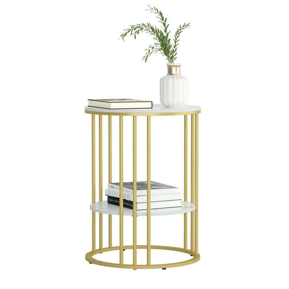 2 Tiers Round Sofa Side Table Sintered Stone Gold Metal Frame End Table Marble Accent Coffee Table Nightstand