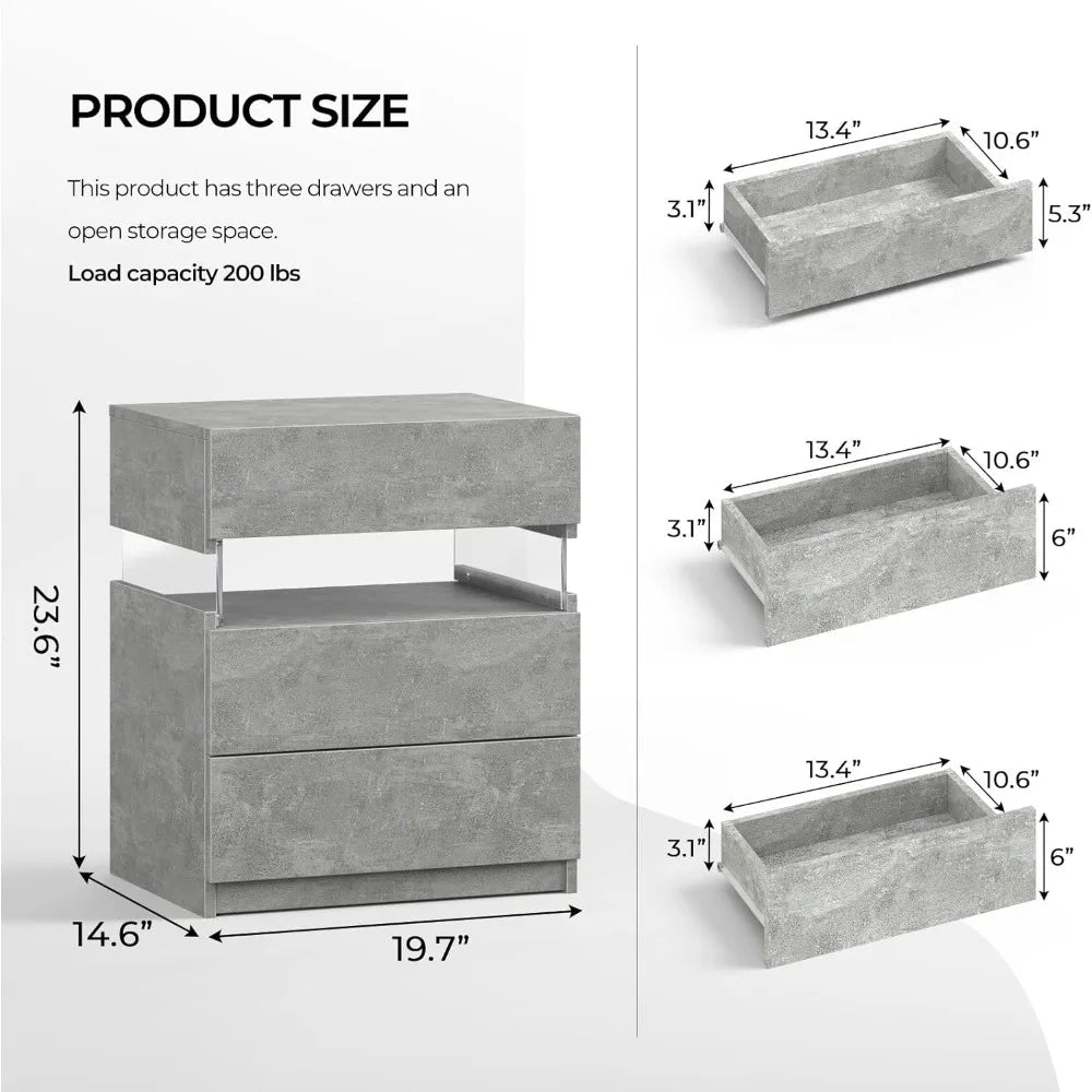 grey led nightstand set of 2,night stand set 2,modern night stand with 3 drawers,night stands for bedroom set of 2,bedside table