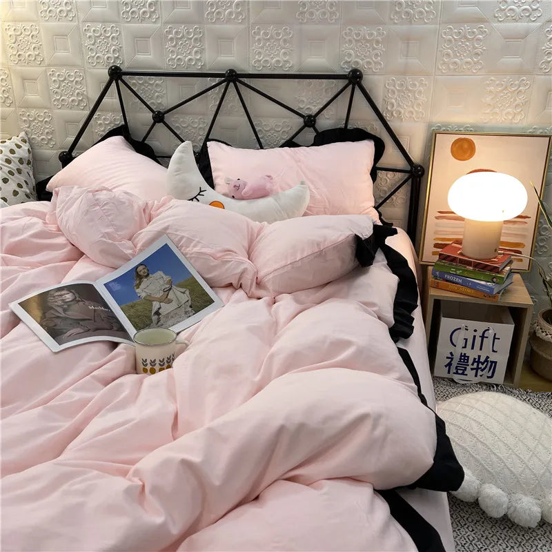 3pcs Pink Duvet Cover Set (1*Duvet Cover + 2*Pillowcase, Without Core), Lace embroidery Bedding Set