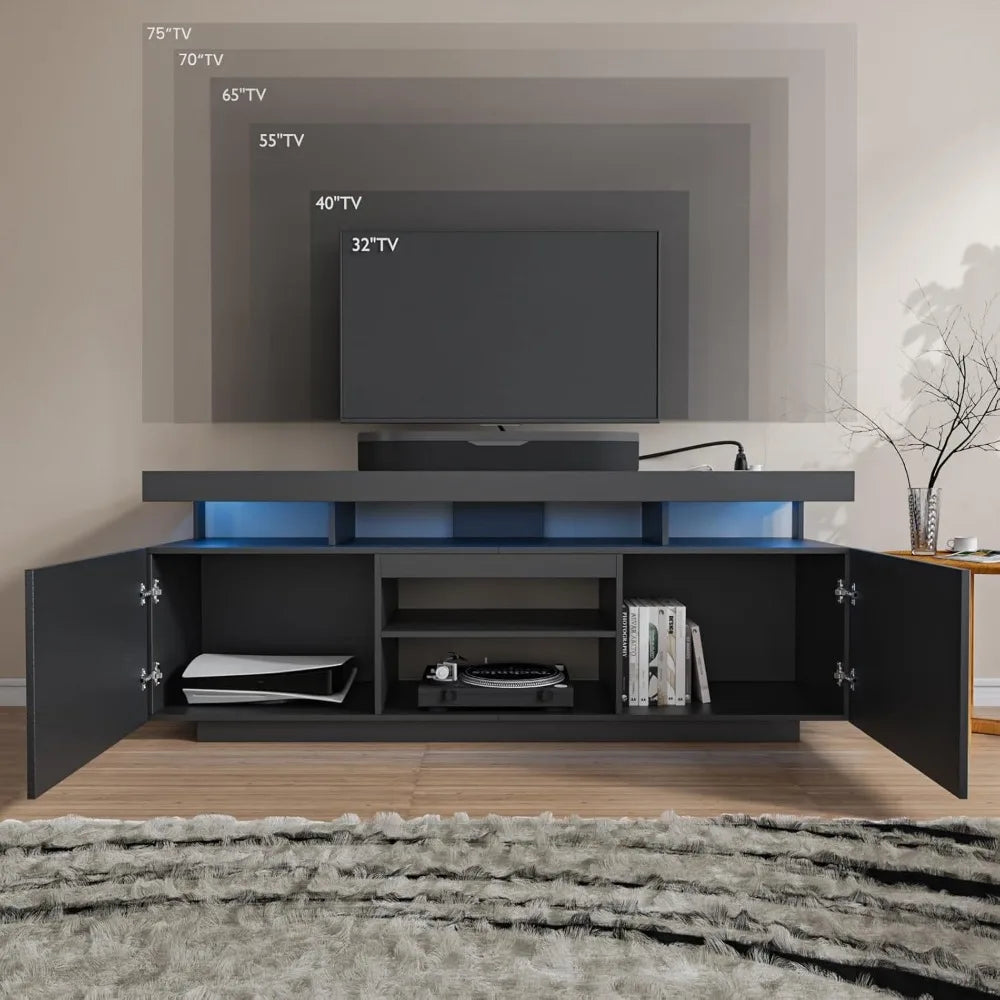 LED TV Stand for 75 Inch TV, Modern Tall Entertainment Center with Power Outlet, Gaming TV Consoles with Storage,